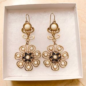 Gold and Cream Flower Shaped Earrings